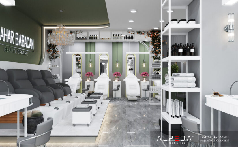 3D-Visualisierung des Pediküre- und Kosmetikbereichs im Bahar Babacan Beauty Center mit modernen Behandlungsliegen und stilvollem Studio-Design.