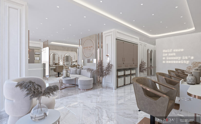 Exklusive Beauty Salon Innenarchitektur mit luxuriöser Friseursalon Einrichtung und maßgefertigten Möbeln.