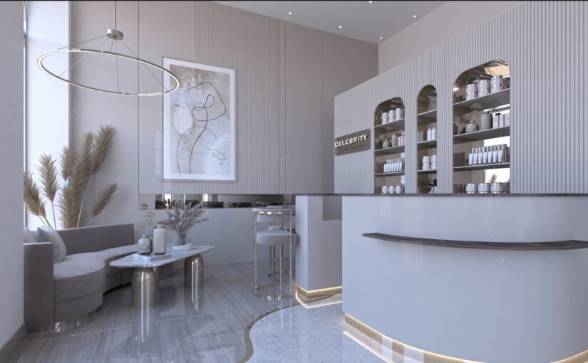 Frontansicht des Empfangsbereichs der Celebrity Hairlounge Wien mit moderner Friseureinrichtung