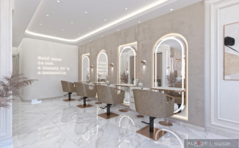 Moderne Friseurarbeitsplätze mit maßgefertigten Spiegelstationen in einer hochwertigen Friseureinrichtung.
