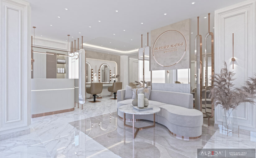 Luxuriöser Wartebereich als Teil einer exklusiven Friseursalon Einrichtung mit hochwertiger Innenarchitektur.