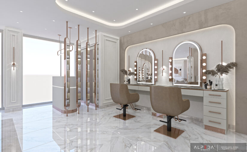 Premium Empfangsbereich mit moderner Rezeption für Friseursalon, Beauty Salon oder exklusive Gewerbeeinrichtung.