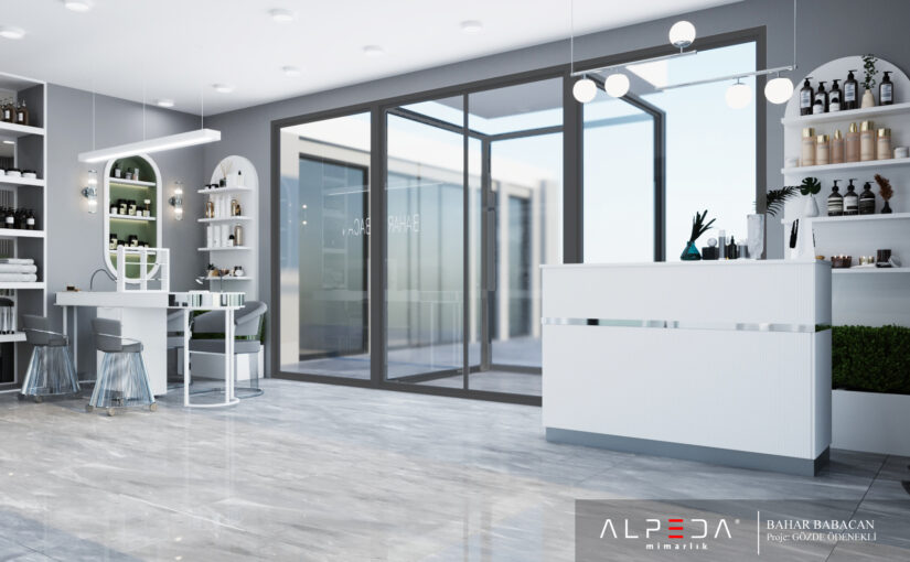 Moderner Empfangsbereich eines Kosmetikstudios mit stilvollem Design und professioneller Beauty-Center-Einrichtung.