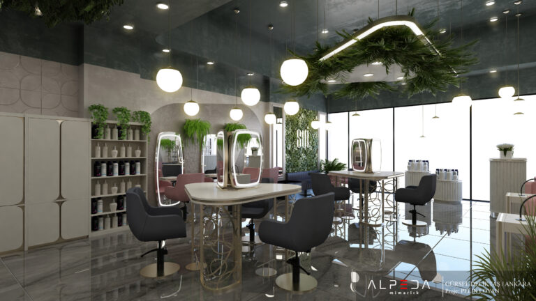 Beauty Salon mit dekorativer Pflanzenwand und modernen Stylingstationen