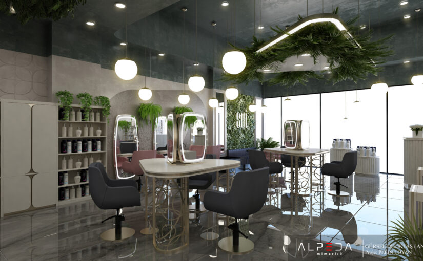 Beauty Salon mit dekorativer Pflanzenwand und modernen Stylingstationen
