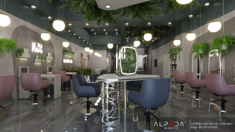 Modernes 3D Rendering eines luxuriösen Friseur- und Beauty-Salons mit zentralen Stylingplätzen