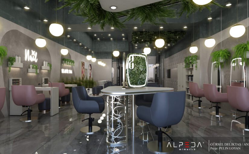 Modernes 3D Rendering eines luxuriösen Friseur- und Beauty-Salons mit zentralen Stylingplätzen