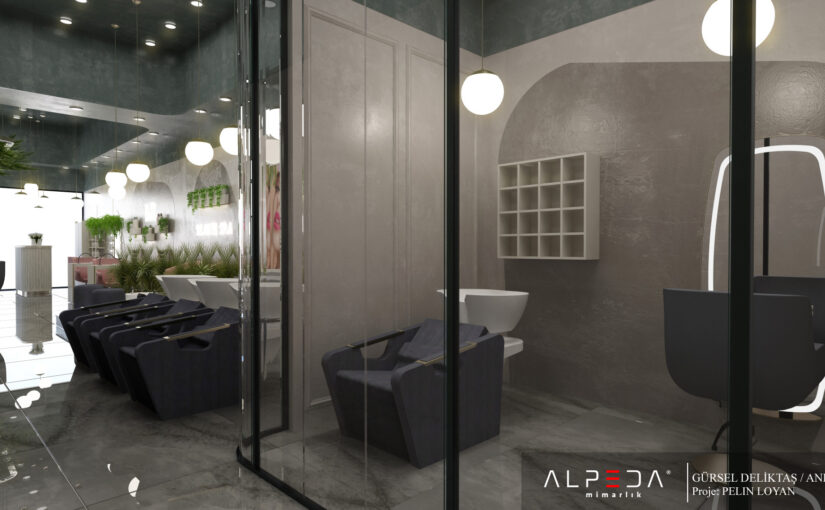 Exklusive Friseurkabine mit Waschplatz und moderner Glasabtrennung