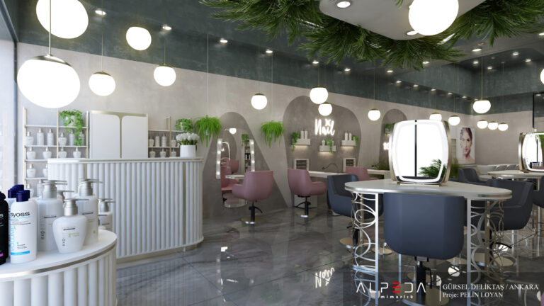 Eleganter Empfangsbereich mit Rezeption und Stylingplätzen im modernen Beauty Salon